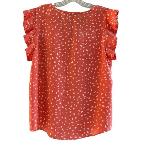 Blouse top coral contemporary print pleated cap sleeve rounded bottom V-neck L
C - Picture 2 of 7